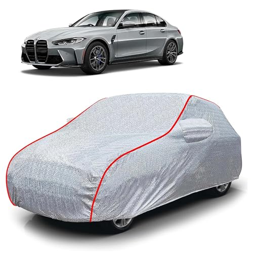Image of Sulfar 100% Waterproof Car Body Cover Compatible with Mirror for BMW M3 (Triple Stitched, Full Bottom Elastic, Magic Silver with Red Piping)