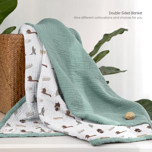 Image of lulumoon Muslin Baby Blanket Neutral: Cotton Toddler Blanket for Daycare | Soft Reversible Crib Bedding for Baby with Dinosaur - Lightweight for Stroller, Carseat & Travel, 47 inchx47 inch(Sage Dinosaur)