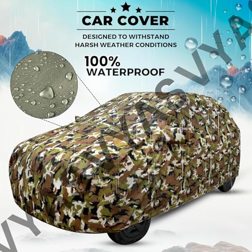 Image of VYAS 100% Waterproof Wagon R Car Cover Compatible with Maruti Wagon R (2010-2017) Full Body Car Cover, All Weather Protection with Mirror Pocket, Belt & Buckle Camouflage Design