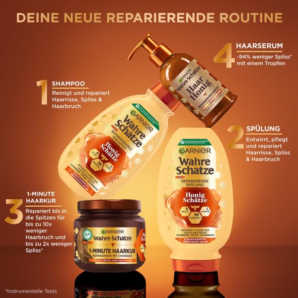 Garnier Wahre Schätze Reparierende Spülung Honig Schätze, kräftigt und nährt strapaziertes und brüchiges Haar, gegen Spliss, Conditioner, pflegende Formel, weniger Haarbruch, 1x200 ml