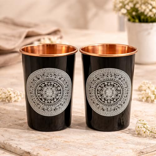 Image of JAIPUR ACE Black Copper Water Bottle with Glass Set 100% Pure Copper Mandala Design Leak Proof Anti Slip Ayurvedic Drinking Bottle Set for Home Office Kitchen Gifting Premium Copper Bottle Set