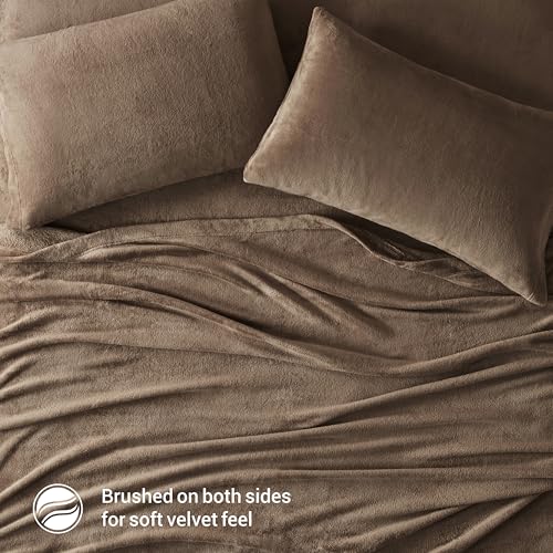 Image of True North by Sleep Philosophy Plush Sheet Set Full, Solid Color, Warm & Soft Bedding Full Size Sheets, Fitted Pocket Fits Up to 16 inch Mattress, Soloft, Full, Brown, 4 Piece