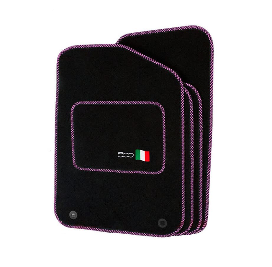 Precision - Tailored Car Mats - Intended for Fiat 500 2013-2020 with a 500 Logo - 4 Piece Set - Non-Slip Floor Mats - Black Carpet - Pink Check Binding - Fittings Clips - SFP