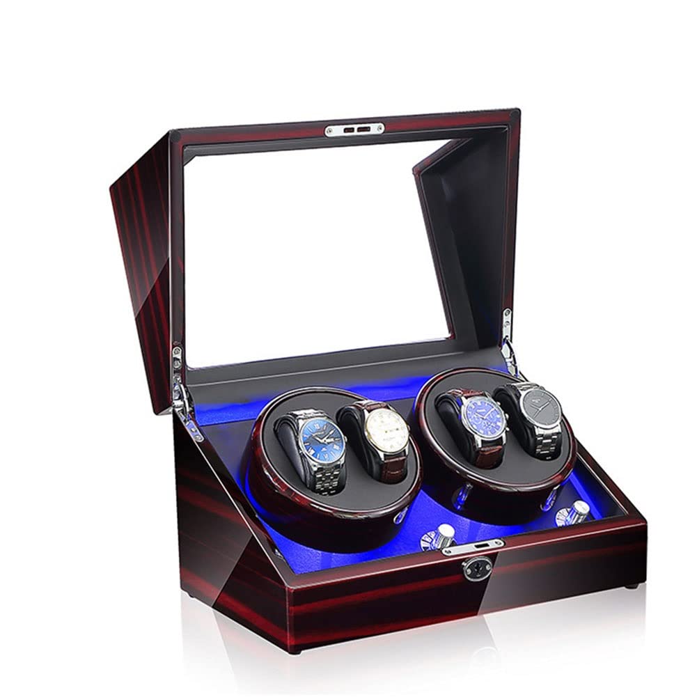 CGCSYZ Watch Winder Box 4 Watch Winders For Automatic Watches With Super Quiet Motor Blue LED Light & 5 Rotation Mode Setting PU Leather MDF And Piano Paint Men Women Mechanical Watches (Brown a)