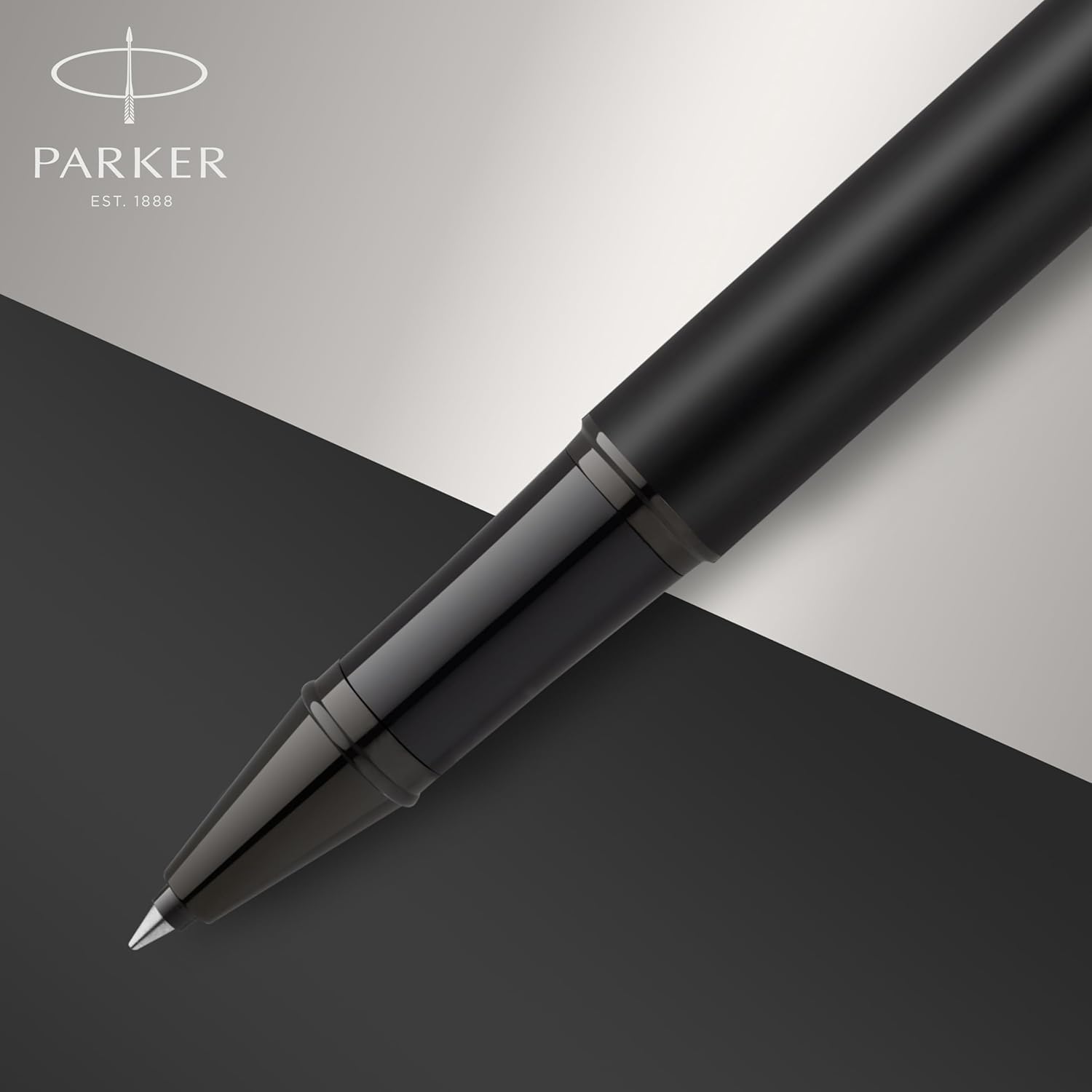 regalo grabado - Bolígrafo Roller Parker IM Personalizado | Grabado con 2 Líneas de Texto | Negro Mate, Adornos Cromados, Clip Icónico de Flecha | Metal