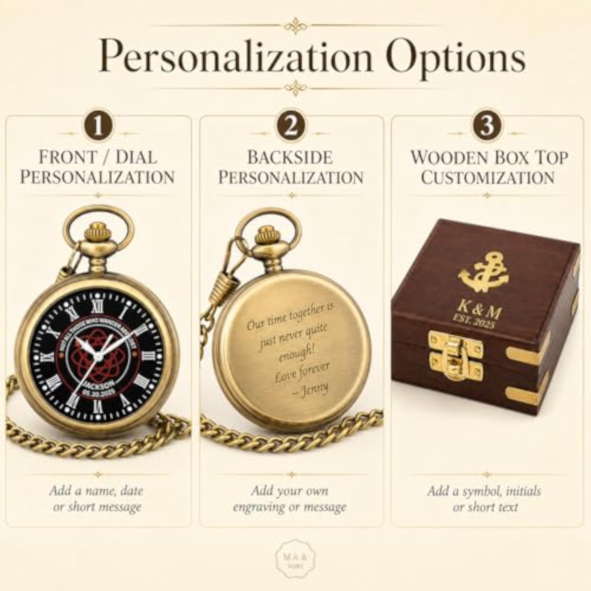 Personalized Brass Pocket Watch with Chain, Custom Engraved Gift