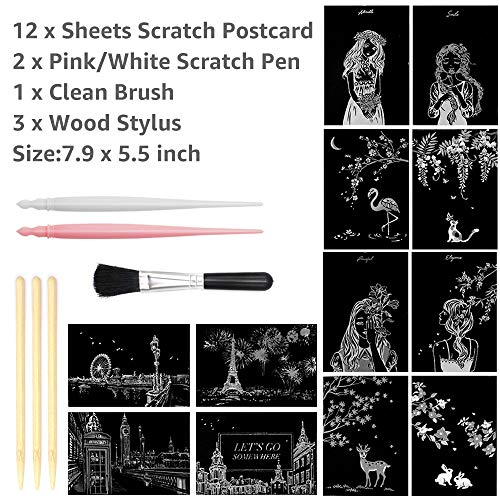 Magic Scratch Art Paper(7.9"X5.5"), Rainbow Landscape Engraving Art Mini Scratchboard Pads For Adults And Kids, Art & Crafts Set: 12 Sheets Scratch Postcard Cards & Drawing Pens, Brush (City Living) #TOP4