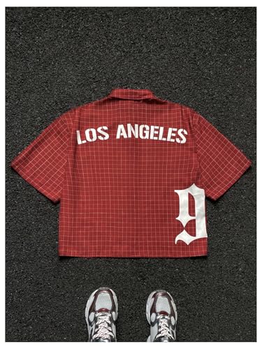 Men's Plaid Oversized Tshirts Short Sleeve Collared Button Up Streetwear Baggy Tees2