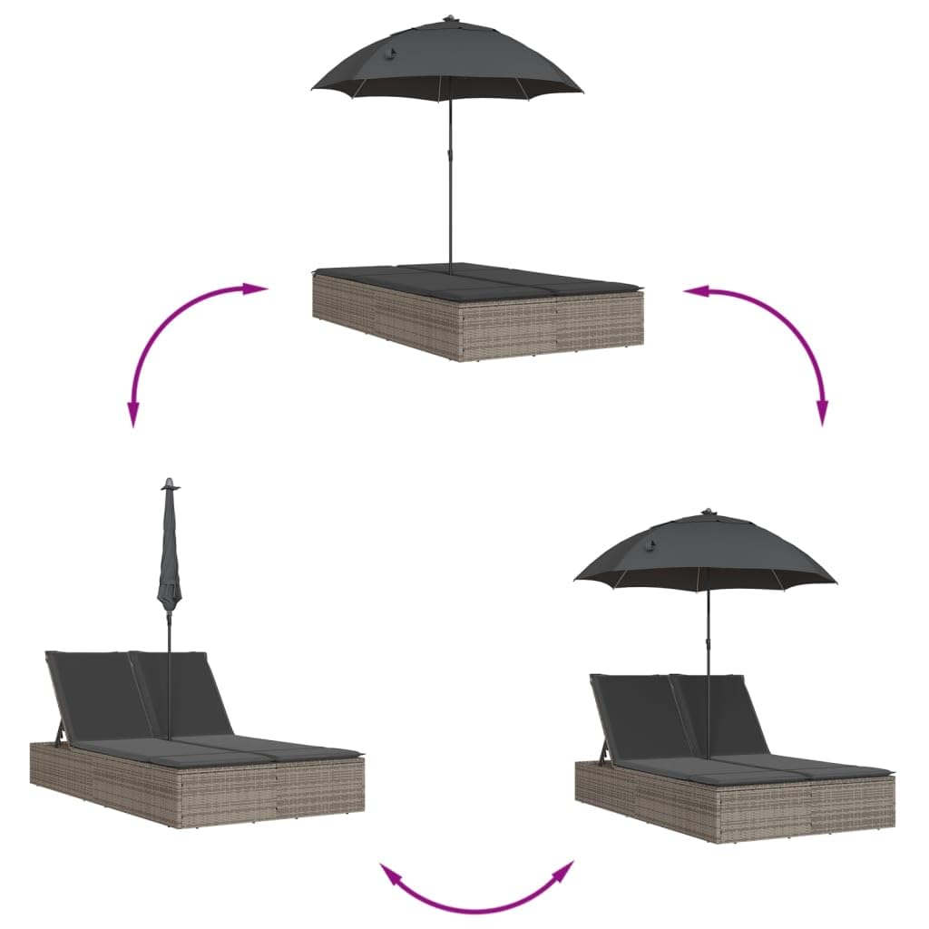 vidaXL Chaise Longue Double et Coussins et Parasol Gris résine tressée