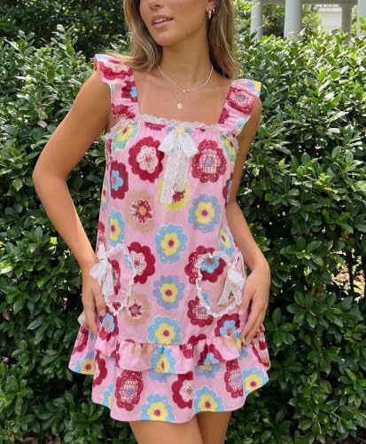 Image of Women Tie Shoulder Mini Dress Floral Ruffle Babydoll Dress Boho Square Neck Sundress Cute Summer Dresses