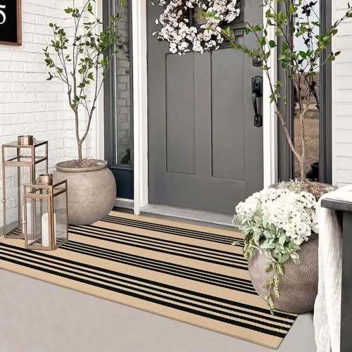 Sungea Striped Outdoor Fall Front Door Mat 24'x51', Cotton Hand Woven Washable Black and Khaki Rug Runner, Reversible Foldable Indoor Layered Front Door Rugs for Entryway/Farmhouse/Home Entrance