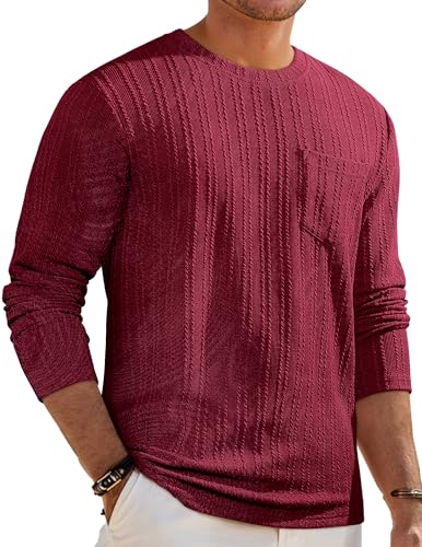 JMIERR Men's Long Sleeve Shirts Casual Crew Neck Old Money Pullover Christmas Sweater 2025 Fall Clothes with Pocket, 2XL, Red