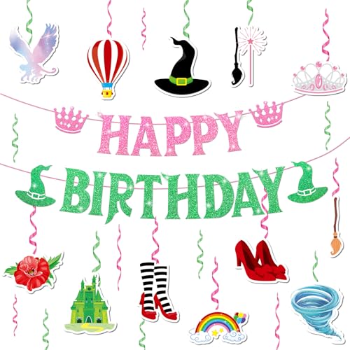 14Pcs Witch Birthday Party Decorations Pink and Green Happy Birthday Banners Crowns and Witch Brooms Hanging Swirl Ceiling Photo Booth Decorative Gifts for Movie Theme Princess Party Supplies