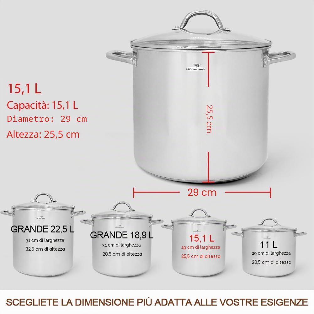 HOMICHEF Pentola Grande in Acciaio Inossidabile Senza Nichel con Coperchio in Vetro (29 cm, 15 Litri) - Pentola a Induzione per la Salute con Finitura a Specchio
