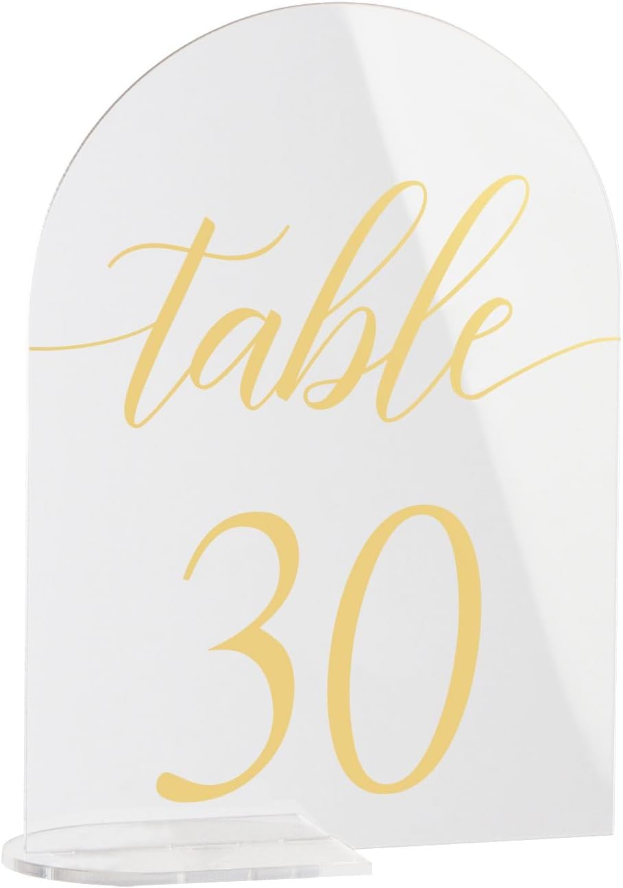 Acrylic Sign Gold Printed Table Numbers, Wedding Table Number for Wedding Reception Hotals Acrylic Sheets with Place Card Holder (30 Pcs (5 x 7 Inches))