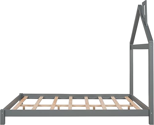 Miniatura 165 de Cama de plataforma de madera de tamaño individual con cabecero y cercas en forma de casa, sin rejas, cama de piso para dormitorio de niños