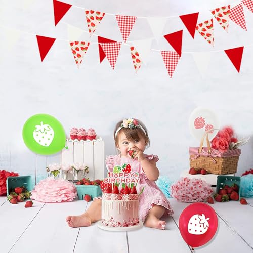 Image of Zwiebeco 39Ft Red White Strawberry Fabric Bunting Banner Triangle Flags Party Decorations Hanging Cotton Garland Pennant for Engagement Wedding Baby Shower Birthday Home Outdoor Garden Party Decor