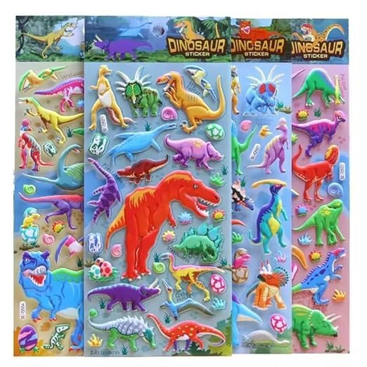 Image of Cots and Cuddles 3D Puffy 120+ Dinosaur Stickers 3D T-Rex, Spinosaurus, Triceratops, Diplodocus Scrap Book Decoration for Boys & Girls |4 Strap, Dinosaur Sticker, Plastic, Multicolor