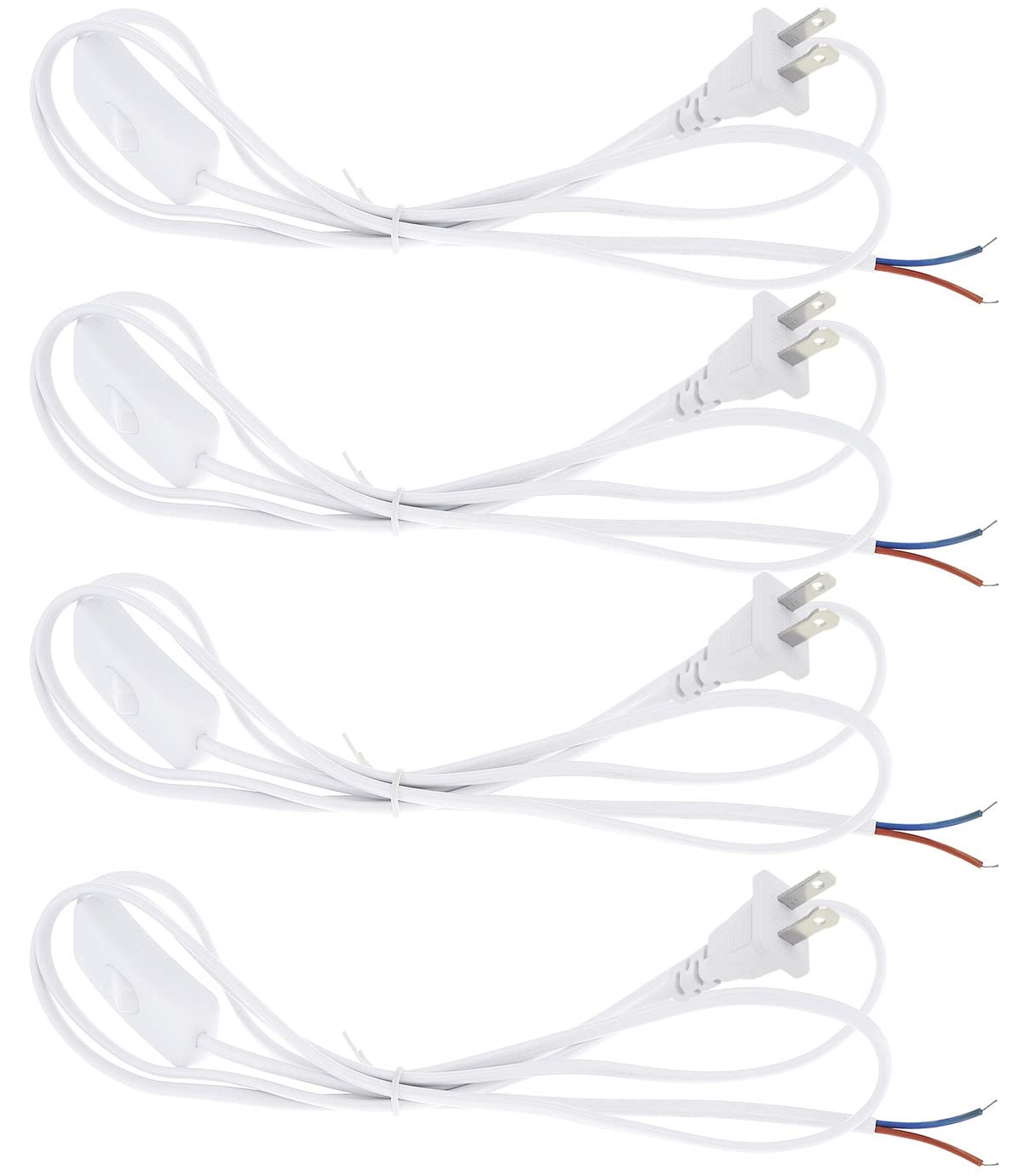 RTNLIT Lampenkabel mit Schalterknopf und geformtem Stecker, abisolierte Enden, bereit für die Verkabelung, 1,8 m, Weiß, 4 Stück