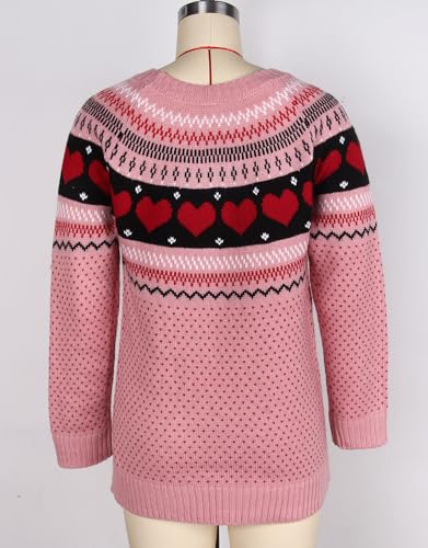 Image of Women's Fair Isle Pullover Sweaters Long Sleeve Crewenck Loose Casual Cute Heart Valentine Sweater Pink Small