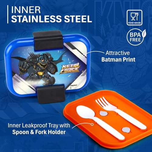 Image of Nayasa Marco Batman Print 2 Compartment Stainless Steel Insulated Lunch Box for Kids Boys | Vacuum Sealed Leak Proof Tiffin Box | 650 ml | Black & Blue