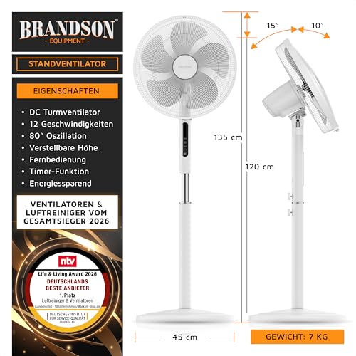 Brandson - DC Standventilator energiesparend ECO - Preisträger 2026 - sehr leise - mit Fernbedienung - Brushless Silent Motor - Oszilation 80° - Ventilator Timer – 12 Stufen 2