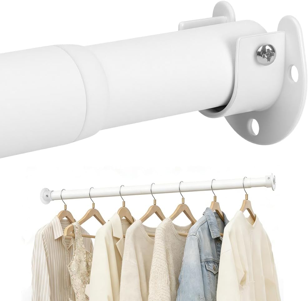 Wardrobe Rail, Extendable Clothes Hanging Pole 43-177cm, Heavy Duty Wardrobe Rod with Fixing Sockets, Adjustable wardrobe Hanging Rails for clothes, Cabinet, Bathroom, RV Diameter 32mm White