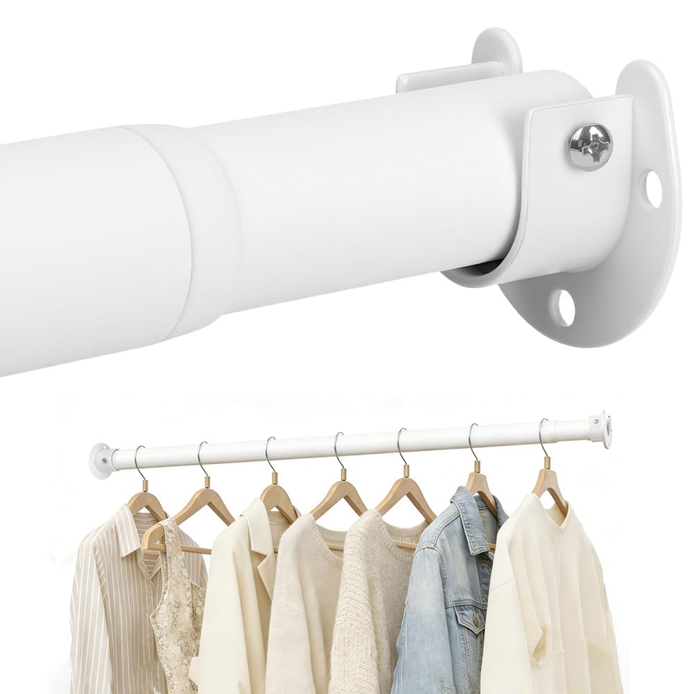 Wardrobe Rail, Extendable Clothes Hanging Pole 43-177cm, Heavy Duty Wardrobe Rod with Fixing Sockets, Adjustable wardrobe Hanging Rails for clothes, Cabinet, Bathroom, RV Diameter 32mm White