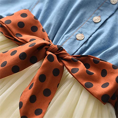 Kids Girls Denim Dress with Tutu Skirt Toddler Princess Tulle Dress Long Sleeve Casual Dress with Dot Belt 18M-6T (Blue, 3-4 Years)4