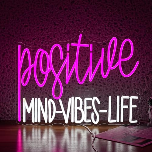 Image of Positive Mind Vibes Life Neon Sign Pink White LED Neon Light for Wall Decor Dimmable Positive Light Up Sign for Classroon Office Girls Living Room Home Bar Club Salon (16.5''*12.6'')
