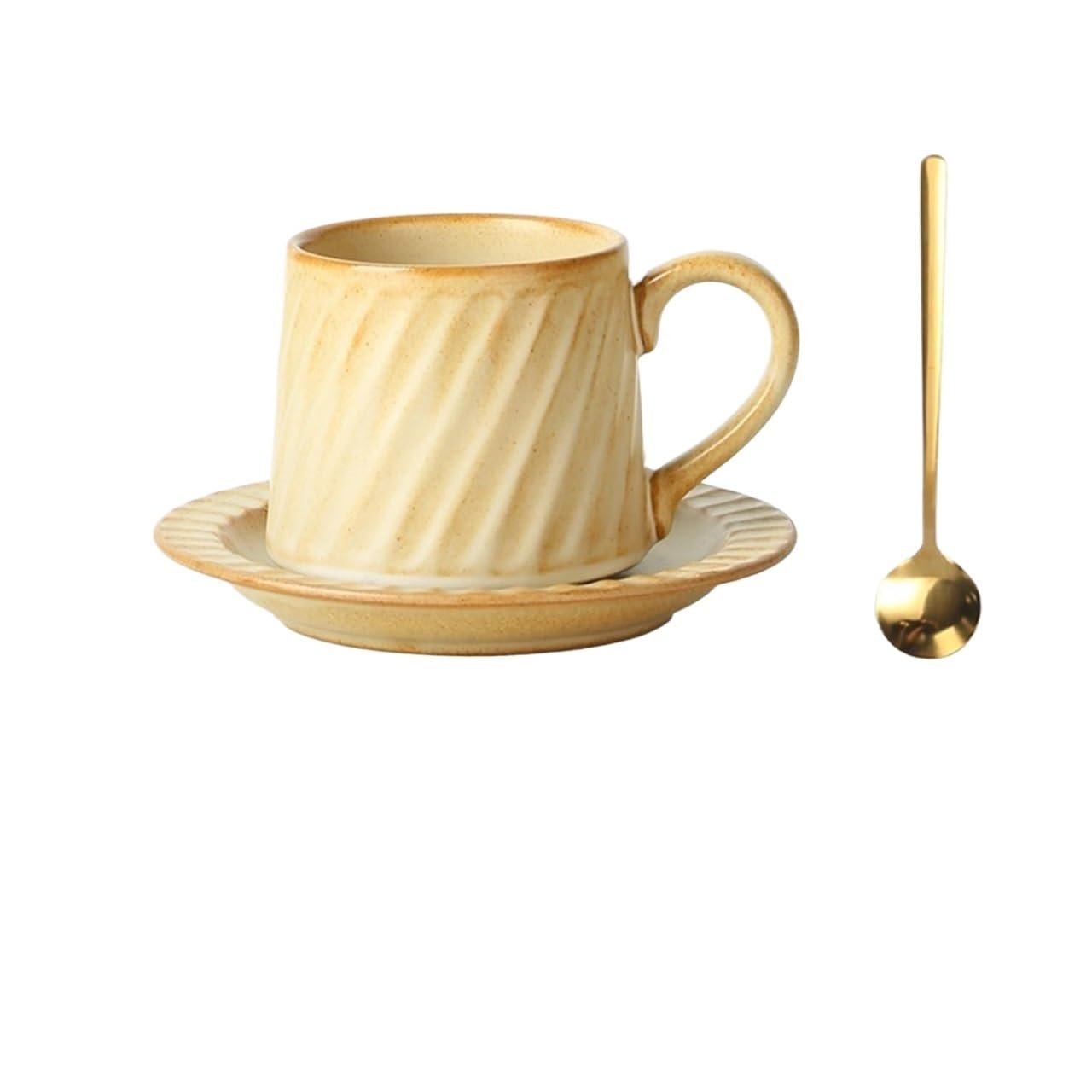 LIBANGRONG-888 Mugs Gradient Ceramic Mug Striped Retro Latte Simple European Hand-poured Coffee Cup with Saucer and Spoon Set Milk Tea Cup