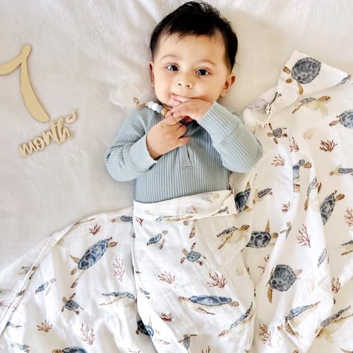 Image of LifeTree Muslin Swaddle Blankets, Baby Swaddling Wrap Nursery Receiving Blanket for Boys & Girls, Soft 70% Viscose from Bamboo and 30% Cotton, Large 47 x 47 inches, Sea Turtle & Solid Colors