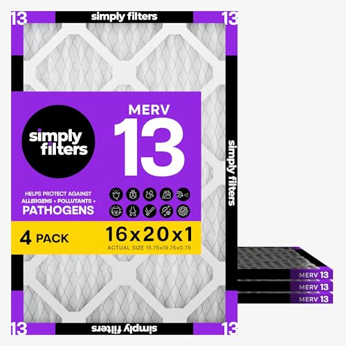 Simply 16x20x1 Air Filter Merv 13 4 Pack For Home AC Furnace & HVAC (Actual Size: 15.75x19.75x0.75) DUST Pet & Allergy Control