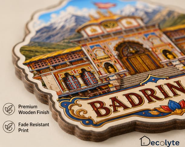 Image of Badrinath Temple Theme Wooden Fridge Magnet Souvenir | 3x3 in Kitchen Home Decor Gift