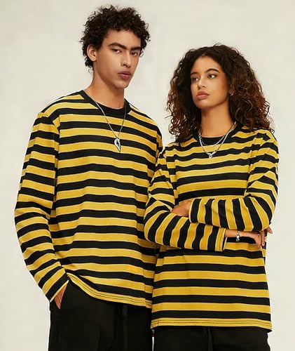 Image of KESIHAN Mens Striped Long Sleeve Shirt Crewneck Casual T-Shirt Basic Stripe Cotton Spandex tee Shirt