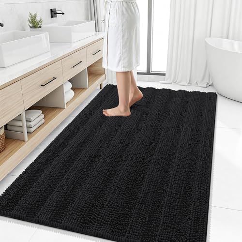 Image of Smiry Thick Chenille Large Bathroom Rugs 50x30, Extra Soft Absorbent Striped Bath Mat, Machine Washable, Rubber Backing, Bath Rugs for Bathroom, Tub & Shower, Home Decor Accessories, Black