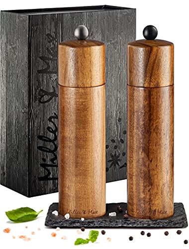 Wooden Salt and Pepper Grinder Set, Acacia Wood Salt and Pepper mills set, Salt and Pepper Grinders Refillable, 8 inches Sea Salt and Black Pepper Mill Set, Adjustable Shakers, Natural Slate Stand