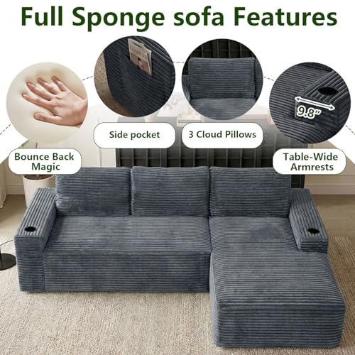 Image of 104.3 inch Modular Sectional Sofa,Modern Corduroy Cloud Couch with Cup Holder & Side Pockets,Boneless Couch Upholstered 4-Seater L-Shaped Sofa for Living Room,No Assembly (Dark Grey, Right-Facing Chaise)