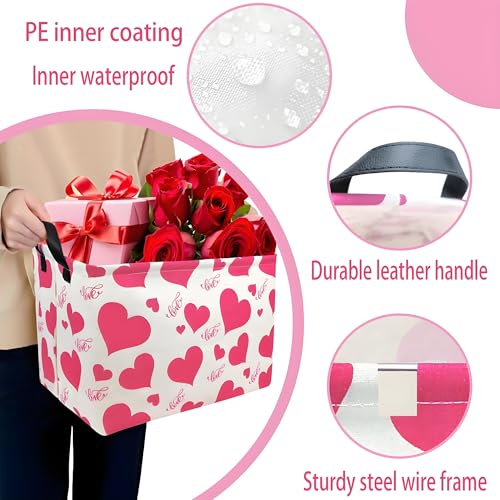 Image of Pink Valentines Day Basket for Kids Heart Shaped Storage Box for Gifts Empty Fabric Storage Bins Rectangular Toy Organizer with Handles Room Decor (Large Love)