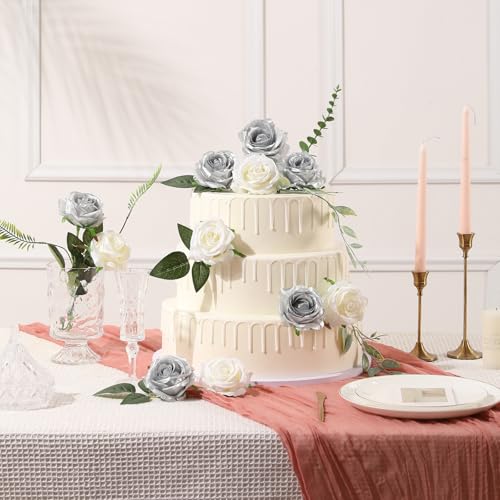 Image of Tifuly 12Pcs Roses Long Stem Fake Silk Artificial Flowers Silver