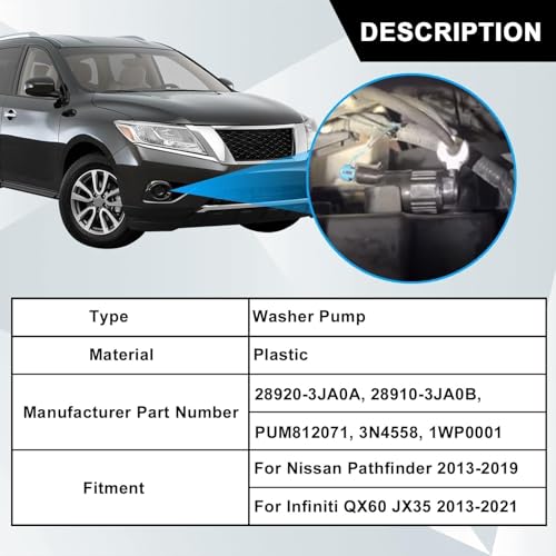 Image of SecosAutoparts Windshield Washer Pump 28920-3JA0A 289203JA0A 289103JA0B Compatible with Nissan Pathfinder 2013-2019, Fit for Infiniti QX60 JX35 2013-2021, 2-Pin Twin Outlet, Replace PUM812071 1WP0001