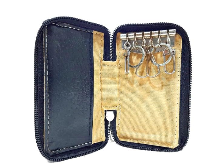 Leather Case Pouch Wallet Keychain Holder Ring With 6 Hooks Zipper, (10 x 5 cm) Pack of 1, 4 Key Capacity-image-24