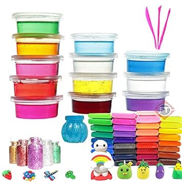 Firstly Traders New Creative Slime Kit with 12 Crystal Slime + 24 Air Dry Clay+ 1 Slime Pot with Free Tools, Glitter for Kids Boys and Girls Age 3+ Years Slime Putty Toys