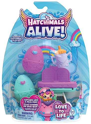HATCHIMALS ALIVE - Pack de 2 Hatchimals + Chaise Haute - 2 Oeufs, 2 Figurines À Collectionner, 1 Chaise Haute Et 3 Accessoires - A Faire Eclore Avec De L'Eau - Thème Bébé - Jouet Enfant 3 Ans et +