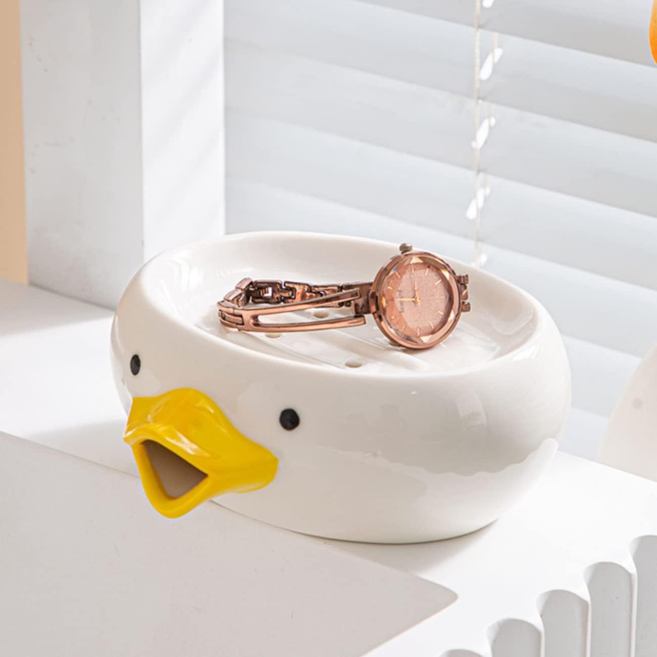 Soap Holder Ceramic Soap Dish with Drain Perforations, Cute Duck Styling Bar Soap Holder for Shower, Easy Cleaning Soap Saver Tray Decoration for Bathroom, Sinks, Kitchen (Duck.1)
