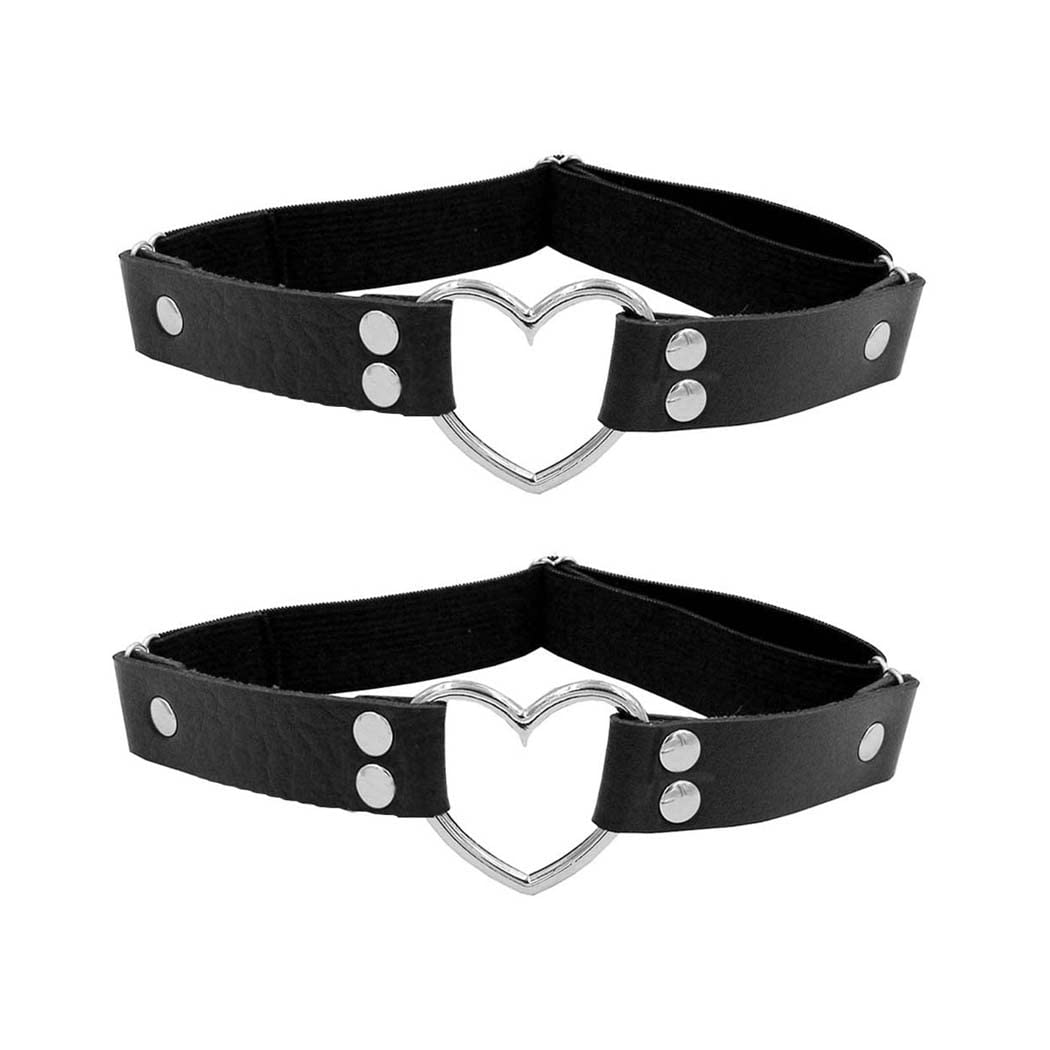 Borsgye Women's Black 2Pcs Leather Leg Garter Belt Adjustable Elastic Thigh Garters Suspenders Pu Simulated Leather Thigh Ring Punk Gothic Harness - Heart Leg Ring Double Stud