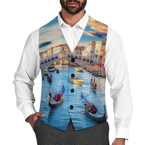 Rialto Bridge And Gondolas in Venice Mens Slim Fit Suit Vest Dress Waistcoat Casual Business Vest