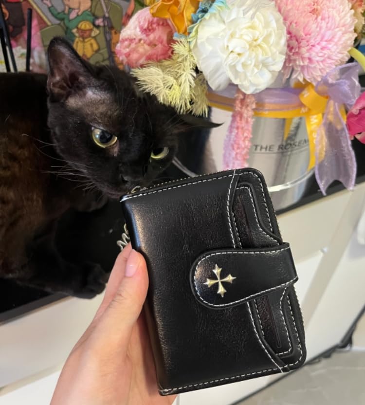 Small Wallet for Women Mini Leather Cash Wallets Zip Bifold Goth Purse Vintage Wallet Grunge Coin Pocket (Black)3