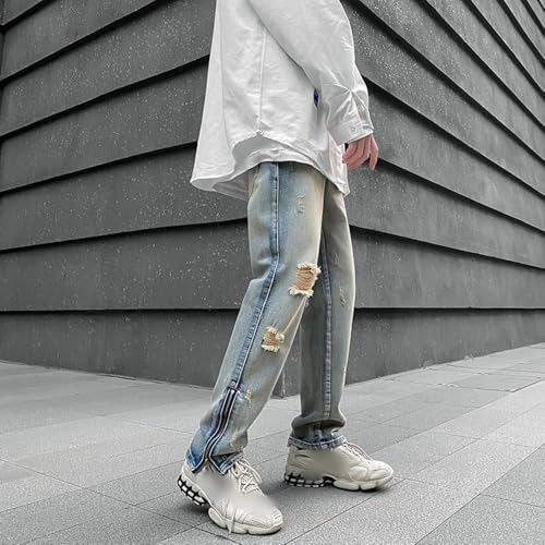 Men's Ripped Slim Fit Jeans Fashion Side Zipper Streetwear Vintage Hip Hop Jeans3