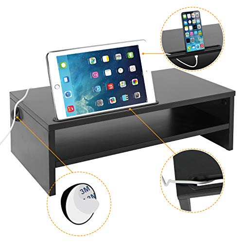 RFIVER Supporto per Monitor di Legno Tavolino PC con Supporto per Smartphone iPad e Gestione dei Cavi Nero CM1002